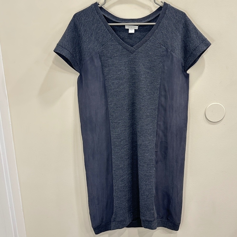 Garnet Hill Merino Wool Silk Mixed Media V-Neck Sweater Dress Gray Medium Preppy